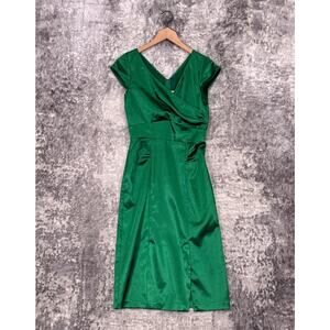 Stop Staring! Dress Medium Womens Green Satin Pinup Sheath Pencil